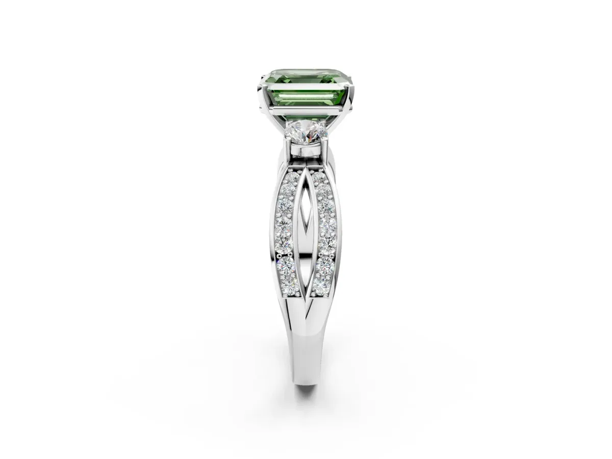 Fancy Green Three-Stone Asscher Cut Cut Diamond Twist Band with Prong Setting Platinum