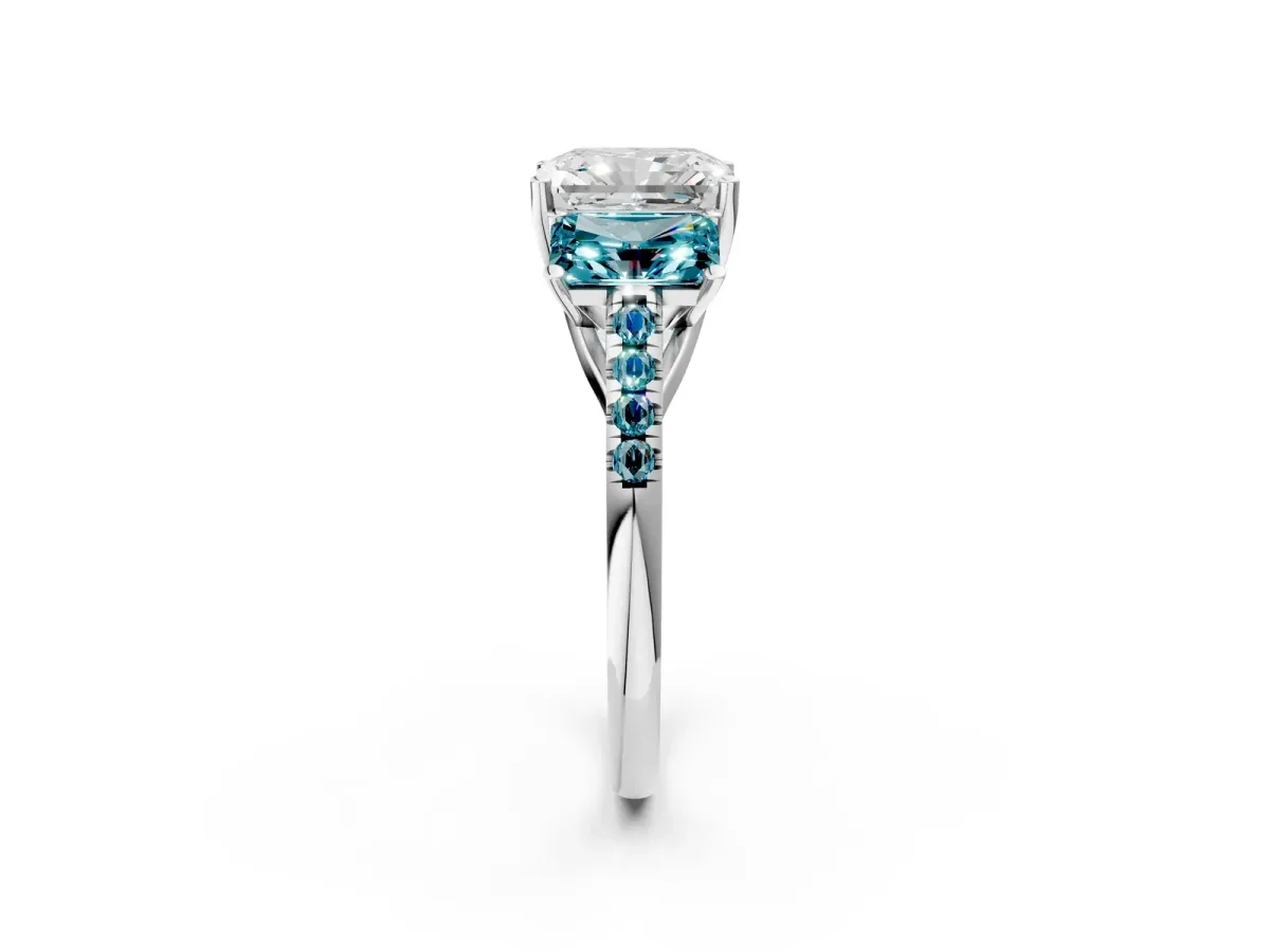 Three-Stone Radiant Cut Diamond Ring with Round Blue Topaz Pavé Band and Prong Setting Silver