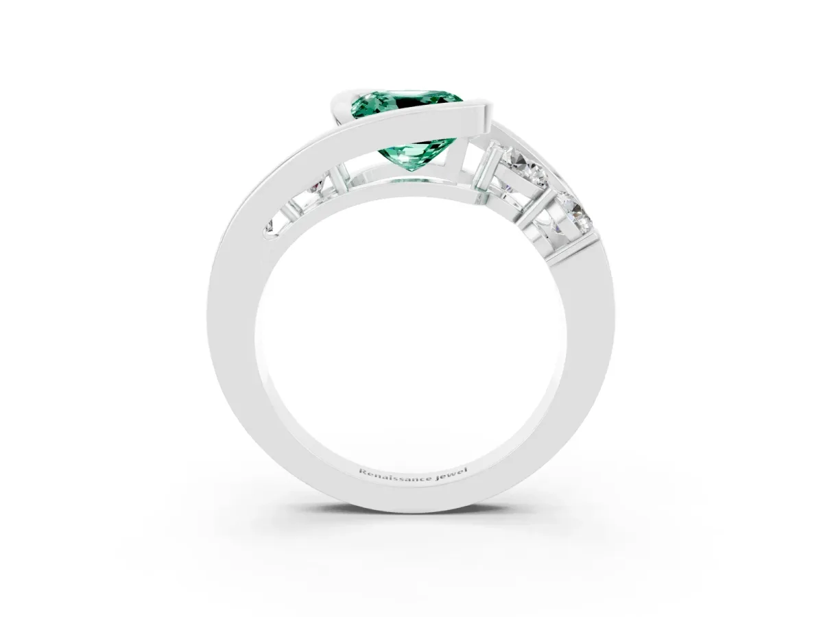 Bezel Set Cushion Cut Green Sapphire Bypass Ring with Round Accents Silver