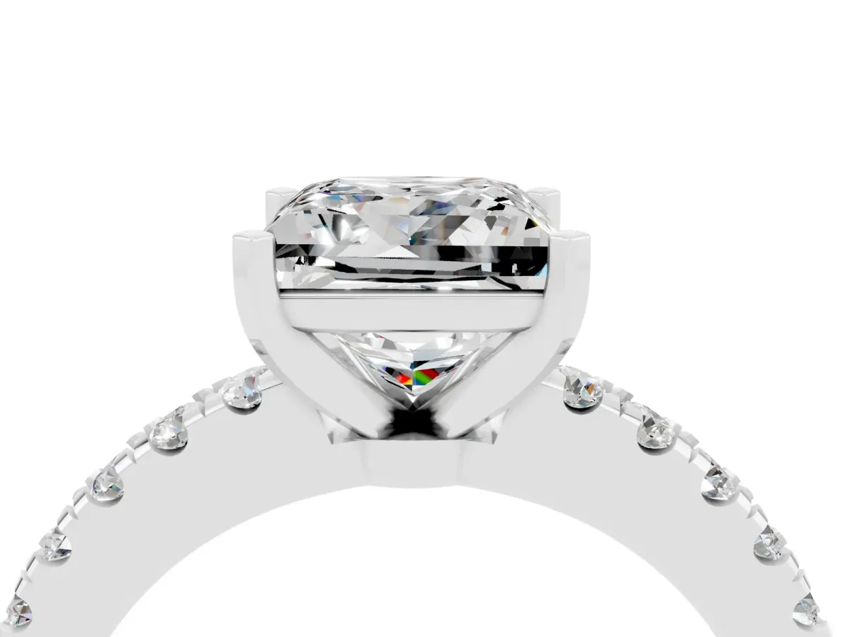Princess Cut Solitaire Moissanite with Pavé Band and Four-Prong Setting Silver