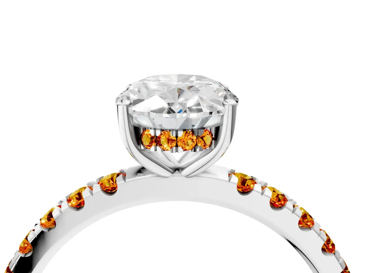 Oval Cut Diamond Pave Band Solitaire Ring with Round Citrine and Prong Setting Platinum