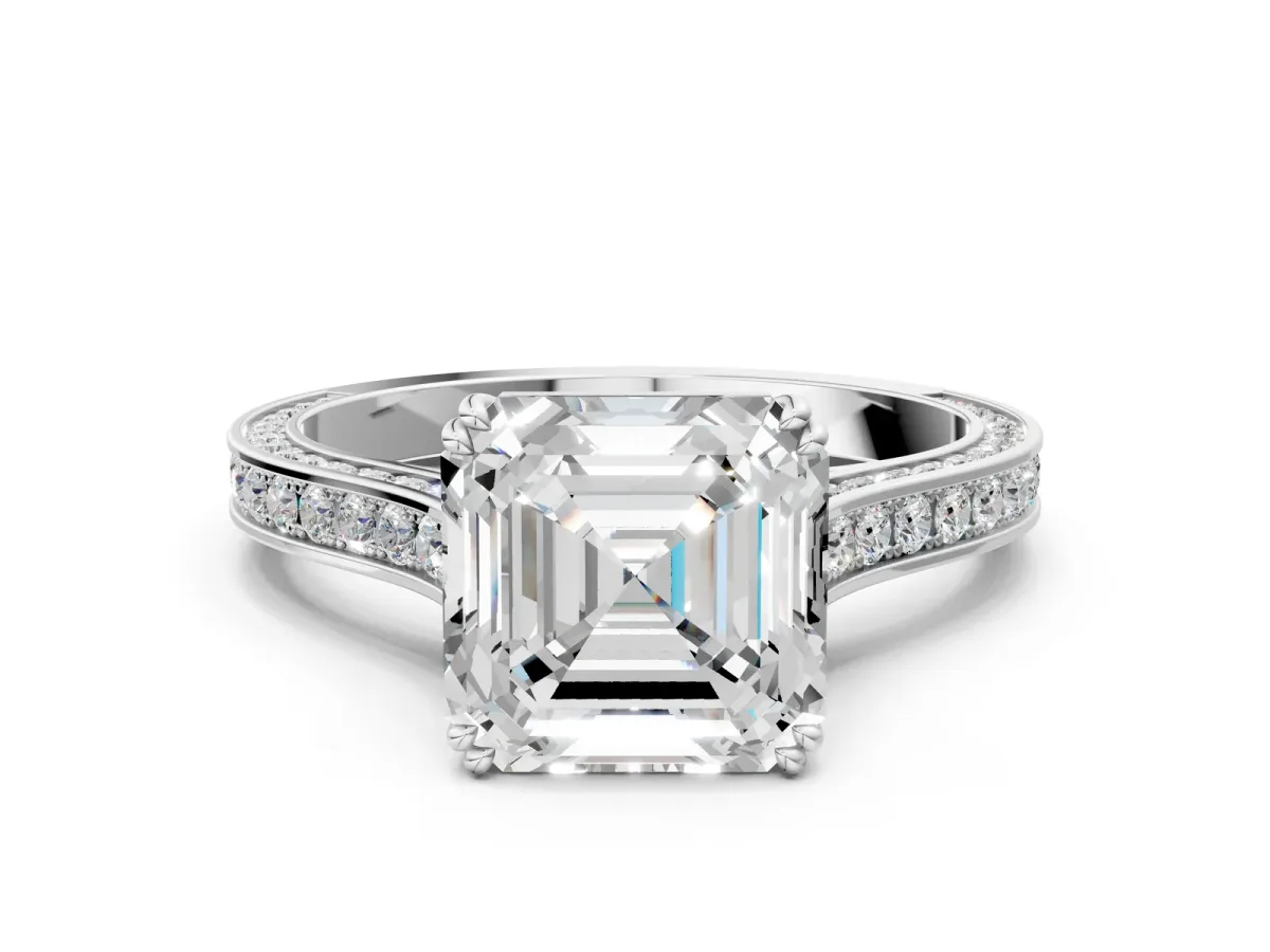 Asscher Cut Diamond Solitaire with Pave Band and Six-Prong Setting Platinum