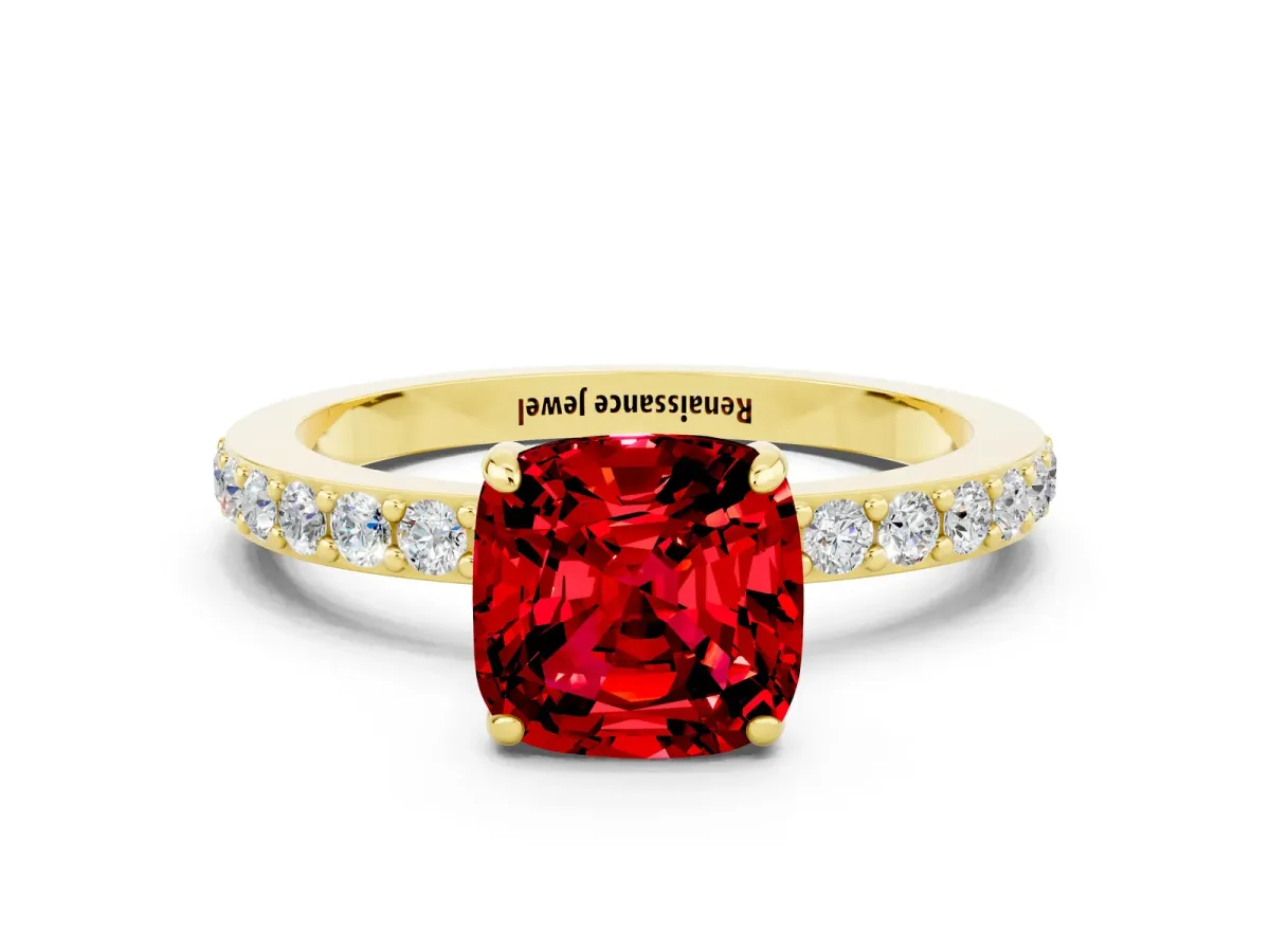 Cushion Cut Ruby Solitaire Engagement Ring with Pavé Band and Four-Prong Setting Yellow gold