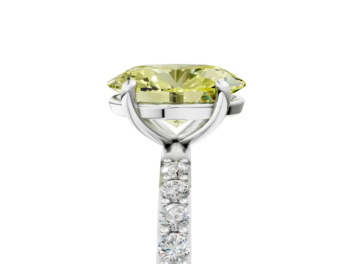 Fancy Yellow Oval Cut Diamond Solitaire Ring with Round Pavé Band and Prong Setting Silver