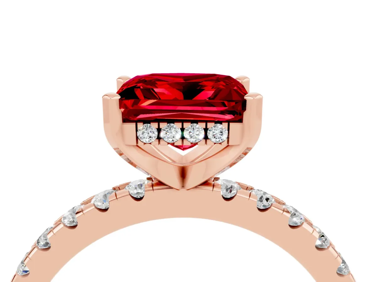 Princess Cut Ruby Solitaire Ring with Round Pavé Band and Four-Prong Setting Rose gold