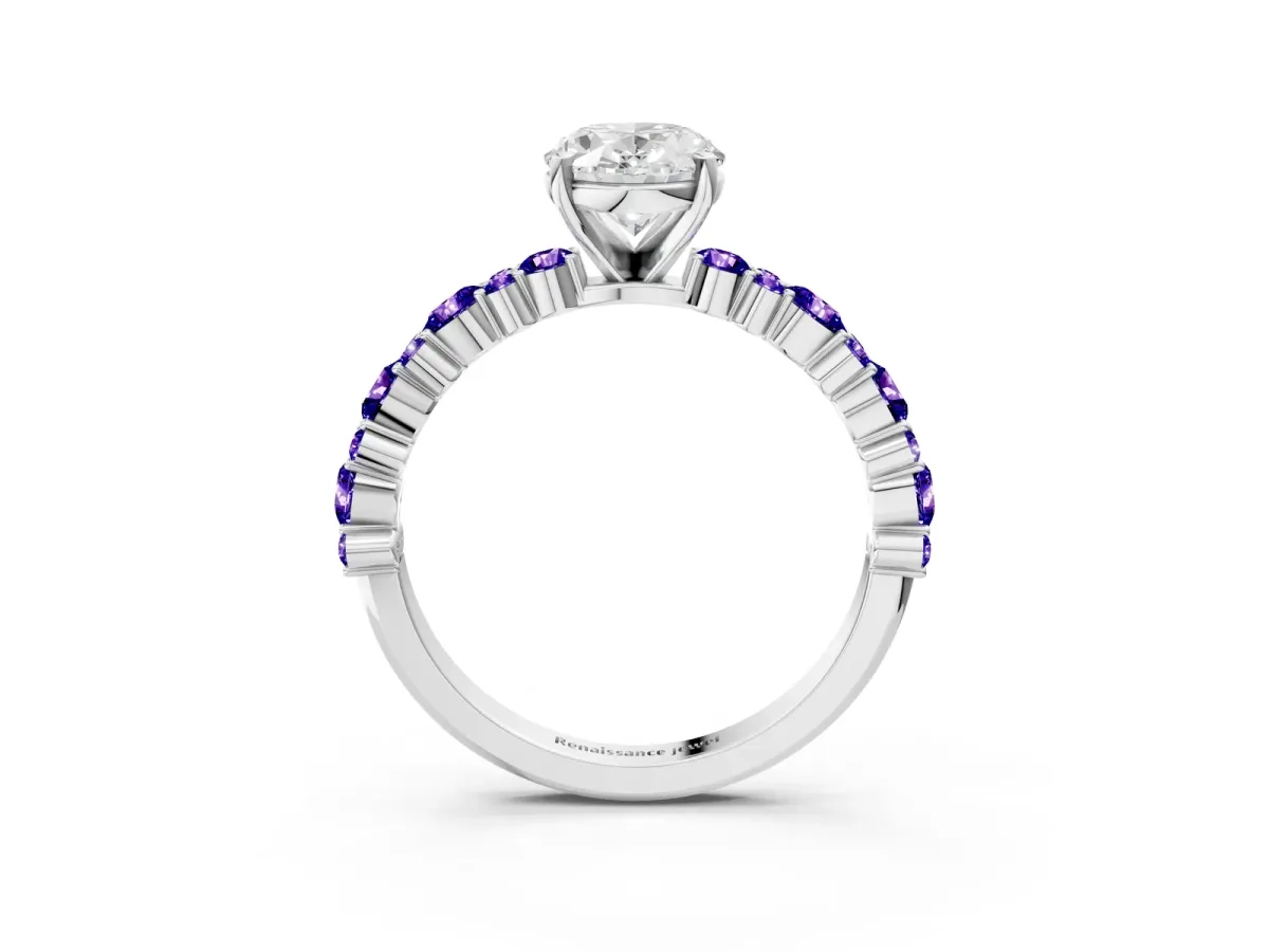 Oval Cut Diamond Side Stone Solitaire Ring with Round Tanzanite and Four-Prong Setting White gold