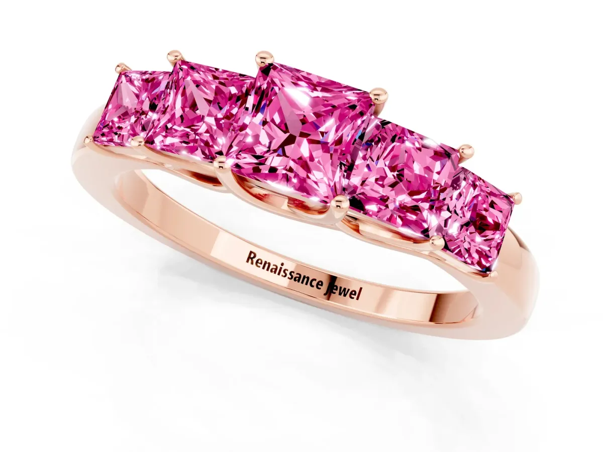 Princess Cut Five-Stone Pink Sapphire Ring with Classic Prong Setting Rose gold