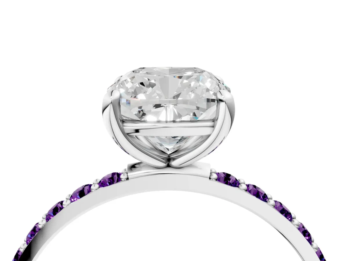 Cushion Cut Diamond Solitaire Ring with Round Amethyst Pavé Band and Prong Setting Silver
