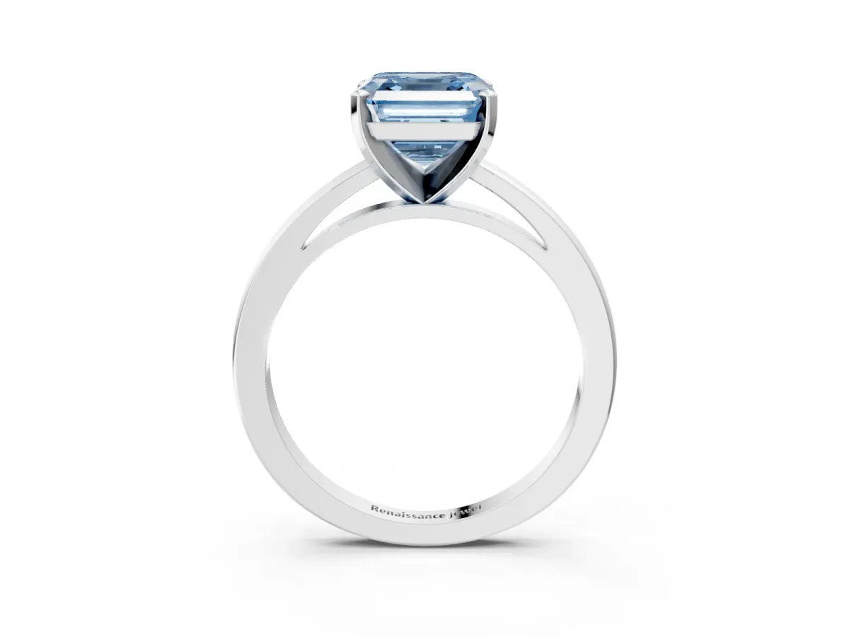 Fancy Blue Asscher Cut Solitaire Diamond Engagement Ring with Four-Prong Setting on a Classic Band Platinum