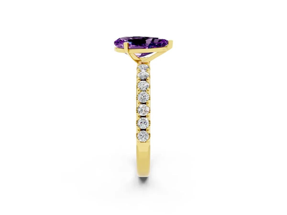 Pear Cut Amethyst Solitaire Pavé Band with Four-Prong Setting Yellow gold