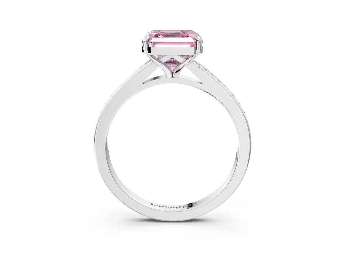Fancy Pink Asscher Cut Diamond Solitaire Ring with Pavé Band and Prong Setting Platinum