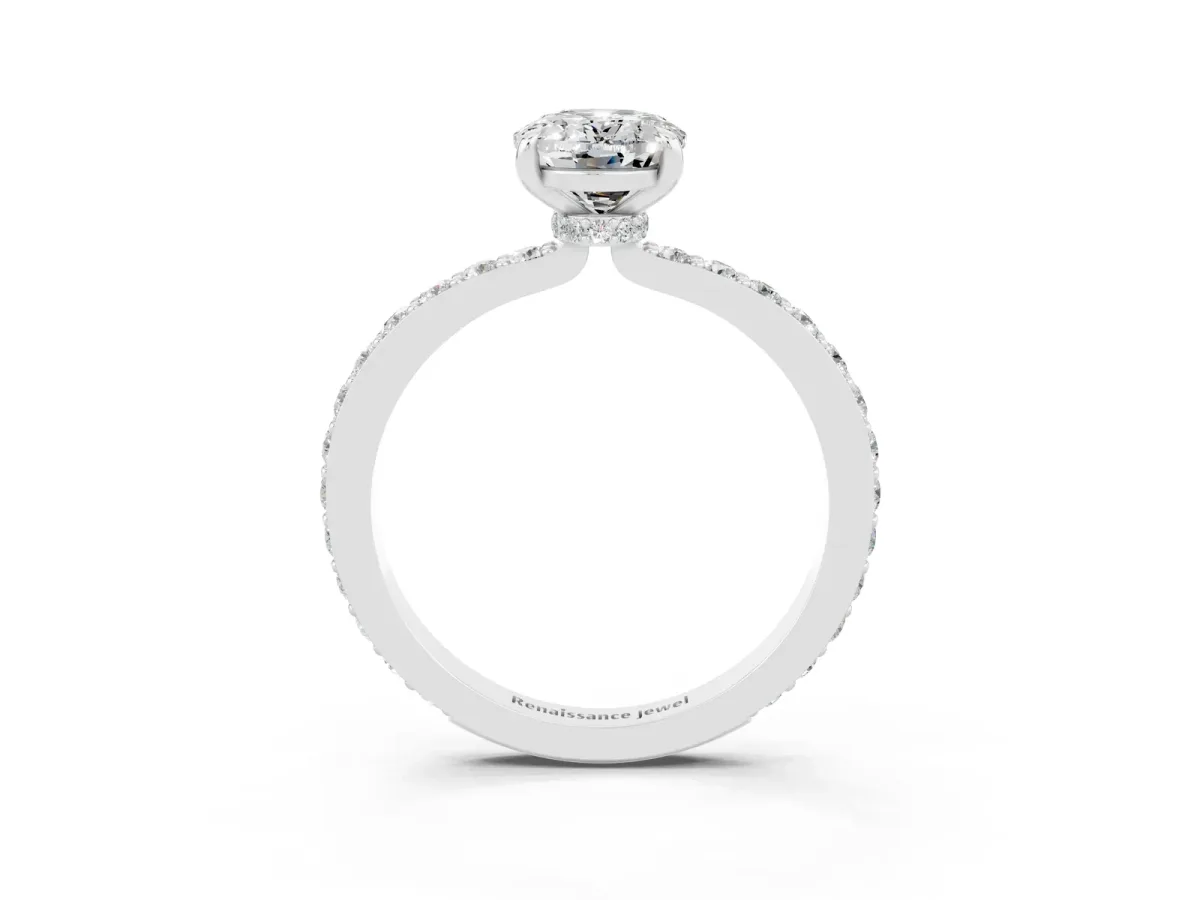 Oval Cut Moissanite Solitaire Engagement Ring with Pavé Band and Four-Prong Setting Silver