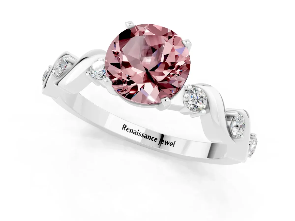 Round Cut Morganite Solitaire Twisted Band with Round Accents and Prong Setting Silver