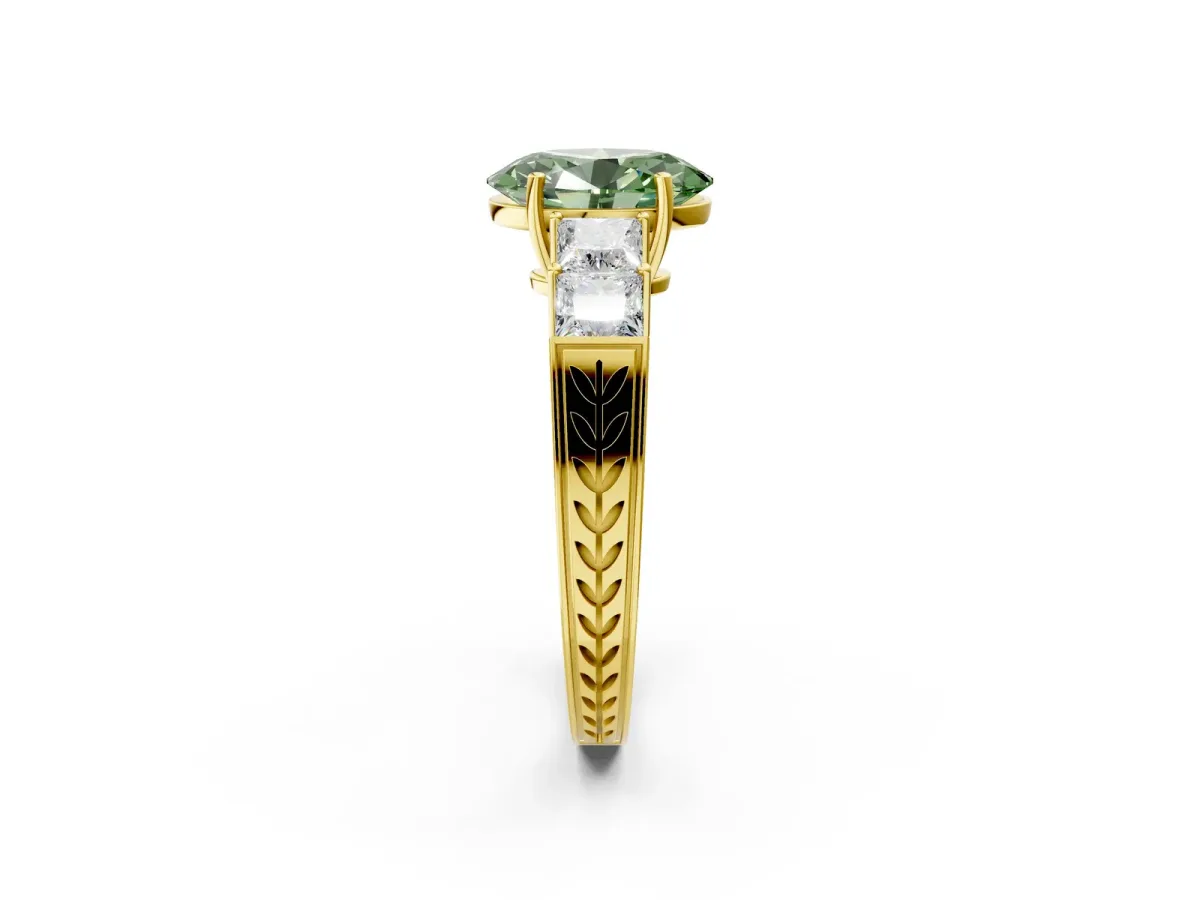 Fancy Green Oval Cut Solitaire Princess Side Stone Engraved Band Prong Setting Ring Yellow gold