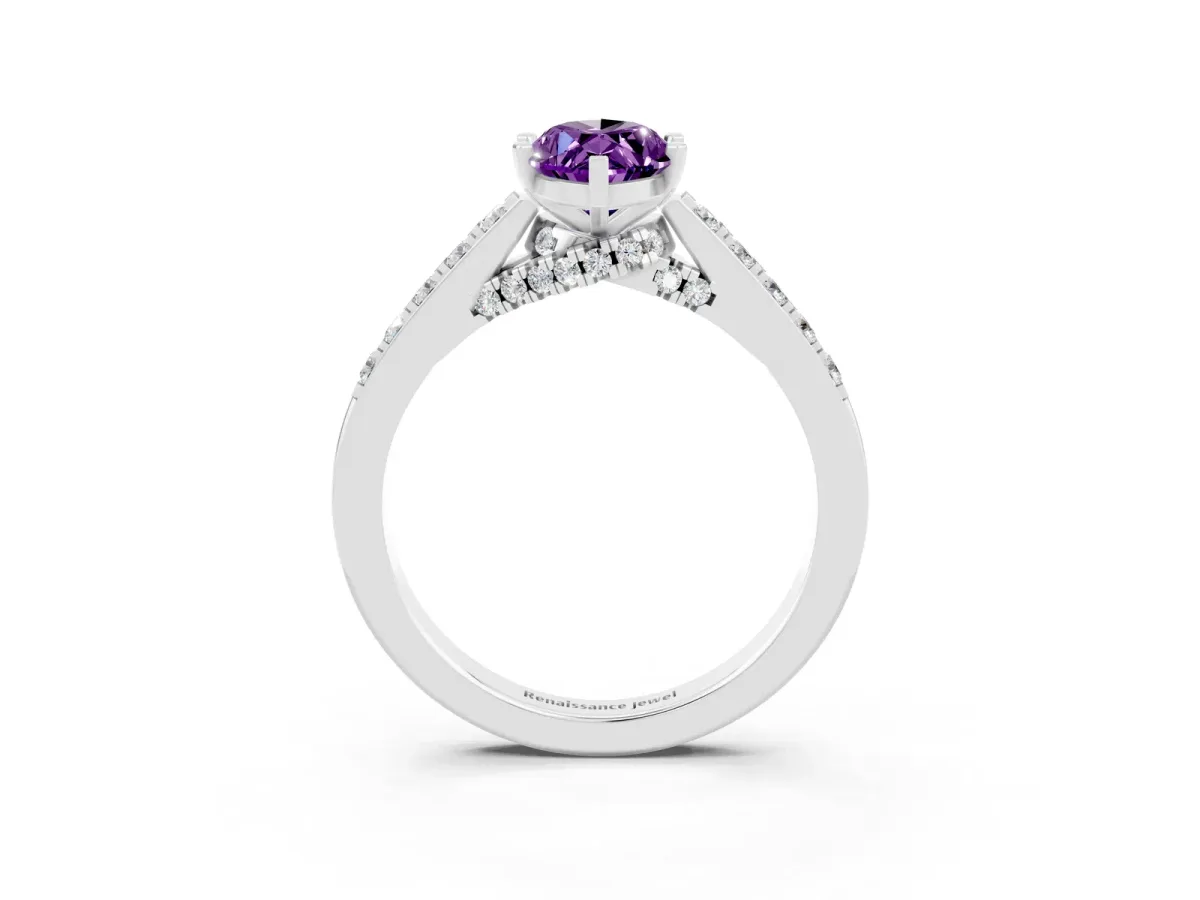 Marquise Cut Amethyst Solitaire Ring with Crossover Gallery and Round Pavé Band Silver