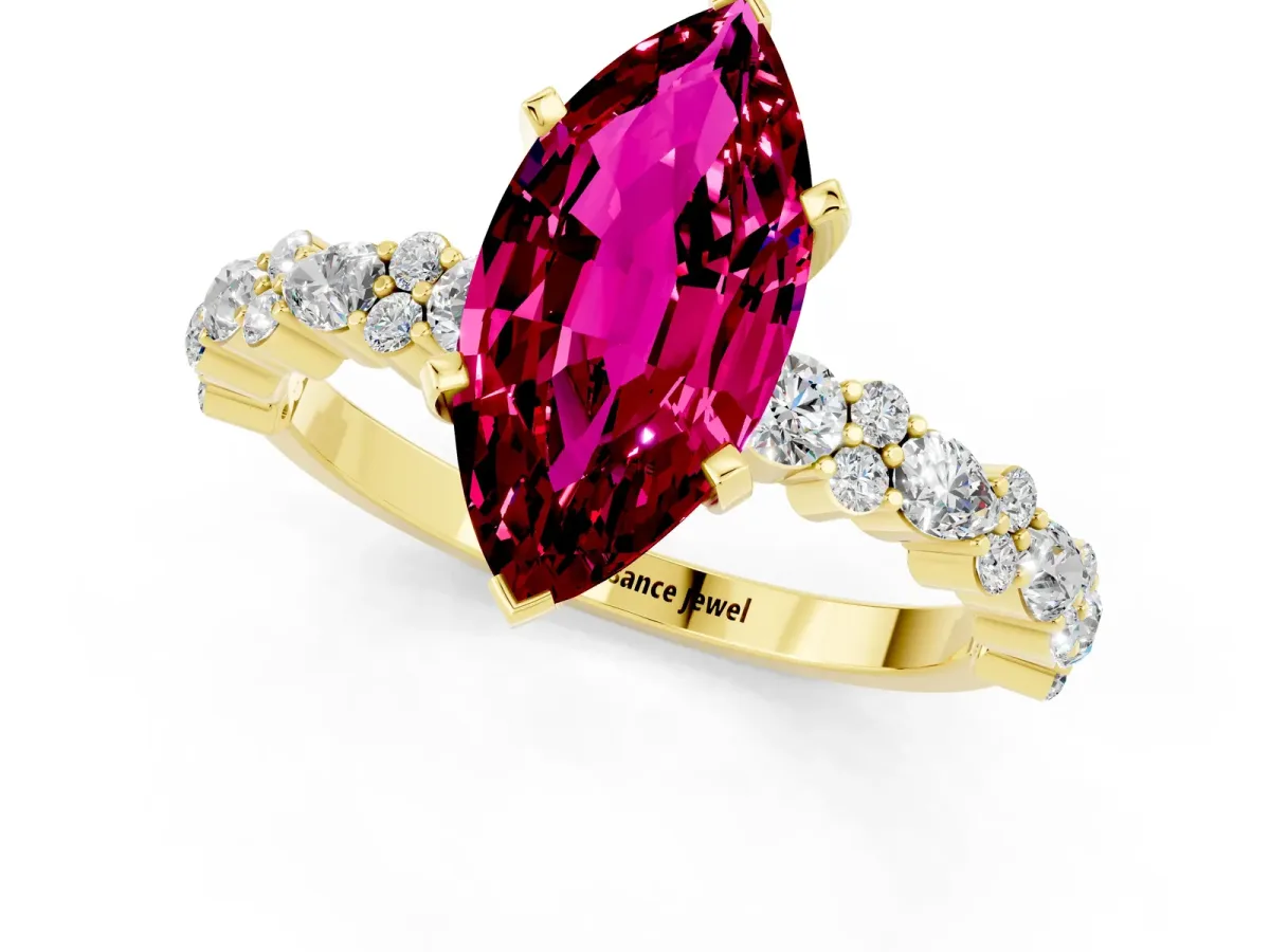 Marquise Cut Garnet Side Stone Solitaire Ring with Round and Four-Prong Setting Yellow gold