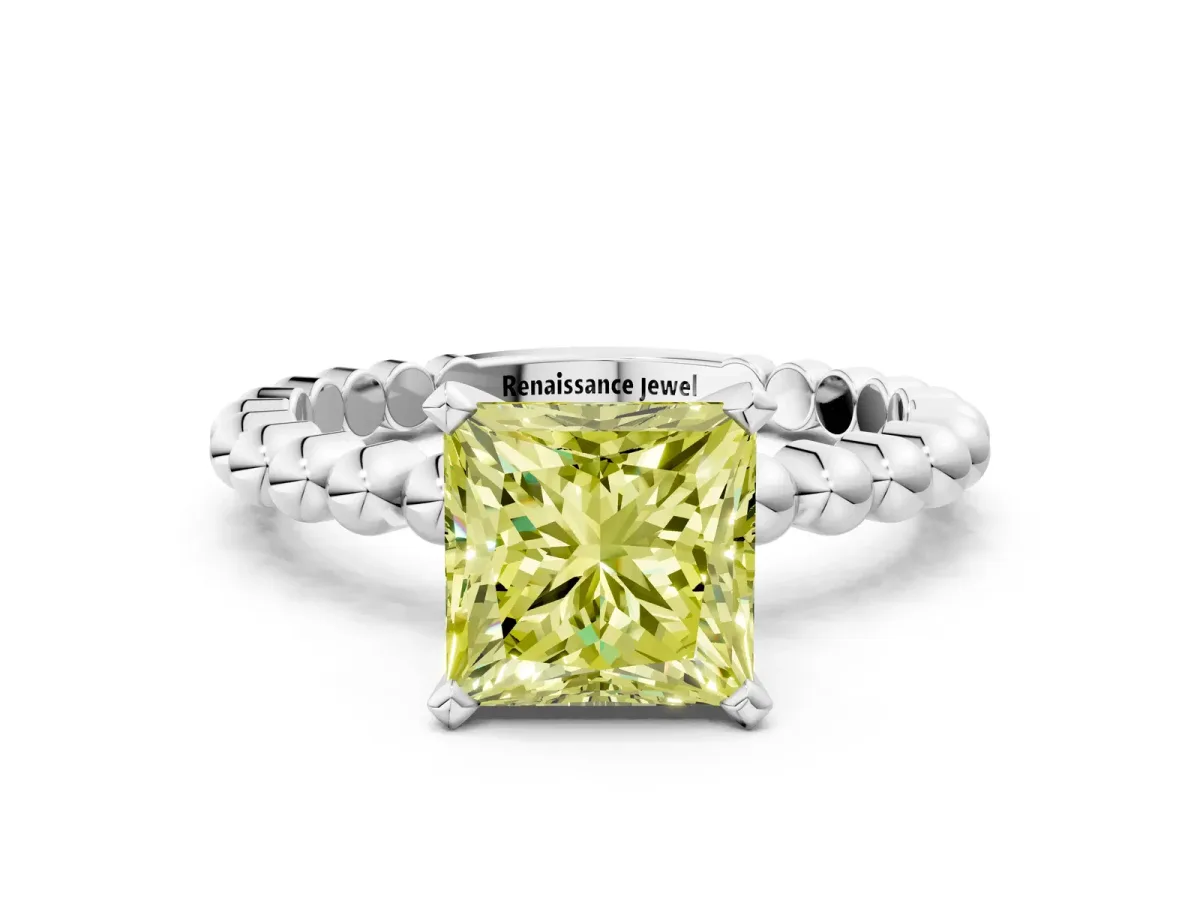 Fancy Yellow Princess Cut Diamond Solitaire Ring with Beaded Band and Prong Setting Silver