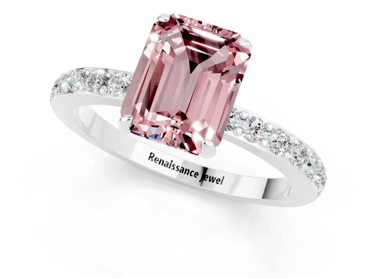 Emerald Cut Morganite Solitaire Engagement Ring with Pavé Band and Four-Prong Setting Silver