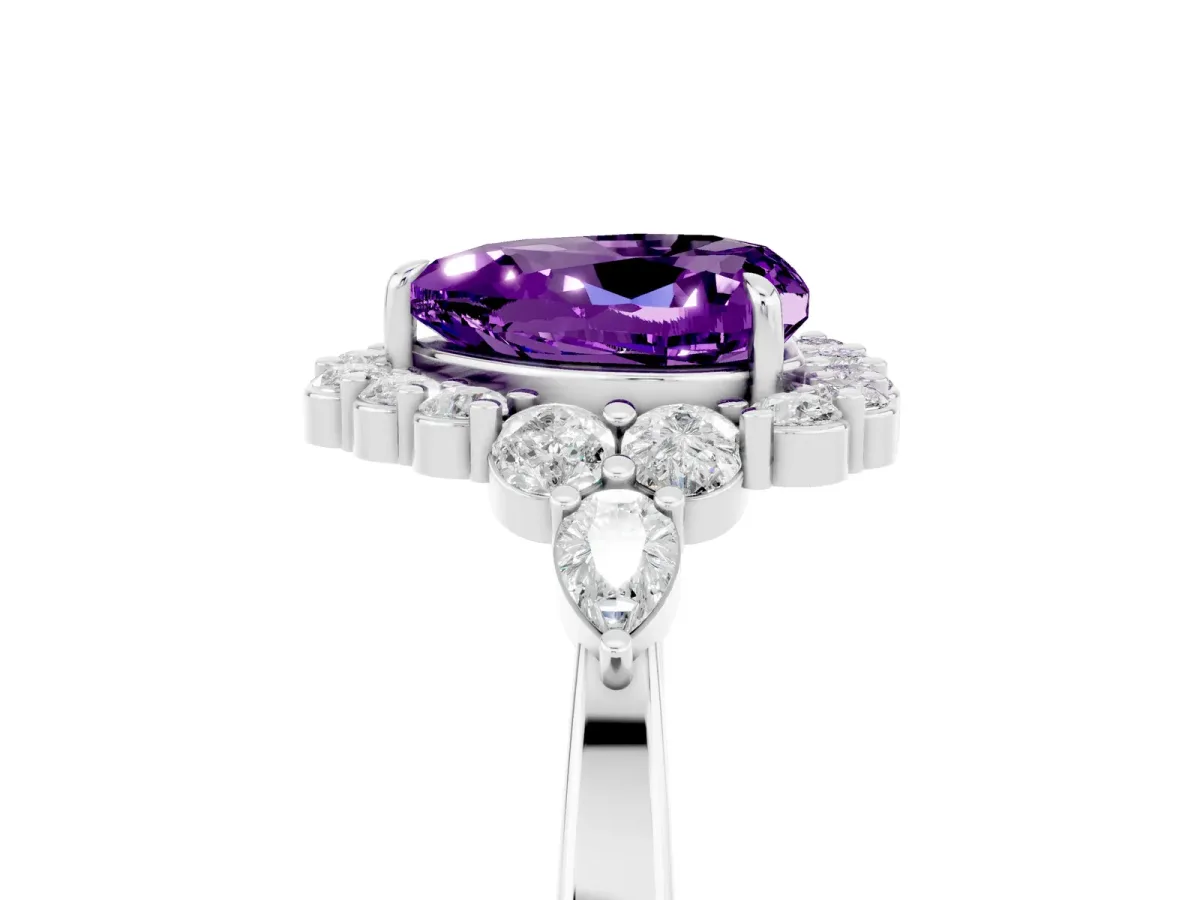 Heart Cut Amethyst Halo Ring with Pear Side Stones and Prong Setting Silver