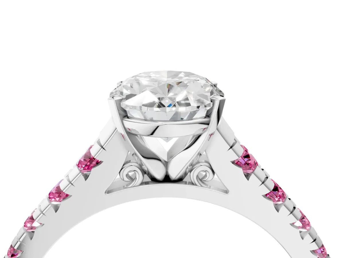 Oval Cut Diamond Cathedral Solitaire Ring with Round Pink Sapphire Pavé Band Silver
