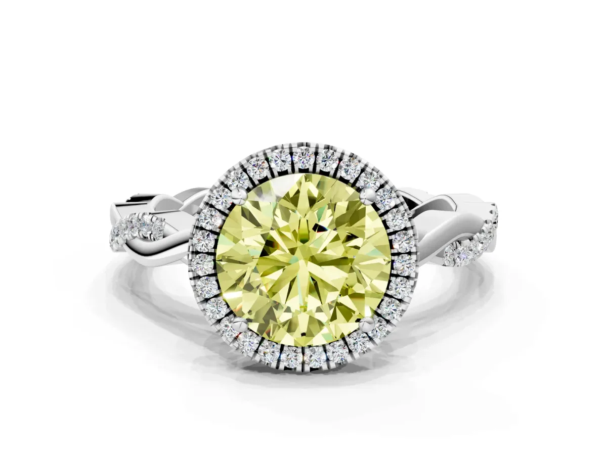 Fancy Yellow Round Cut Cut Halo Twisted Band Four-Prong Ring Platinum
