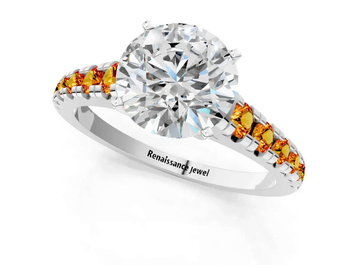 Round Cut Diamond Cathedral Solitaire Ring with Round Citrine Pavé Band Silver