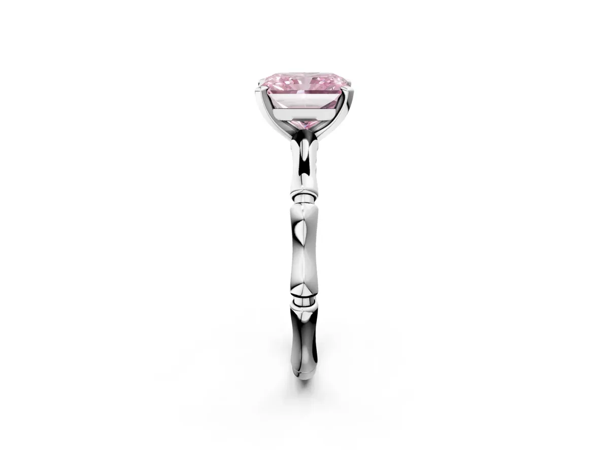 Fancy Pink Radiant Cut Solitaire Diamond Ring with Bamboo Band and Four-Prong Setting Platinum