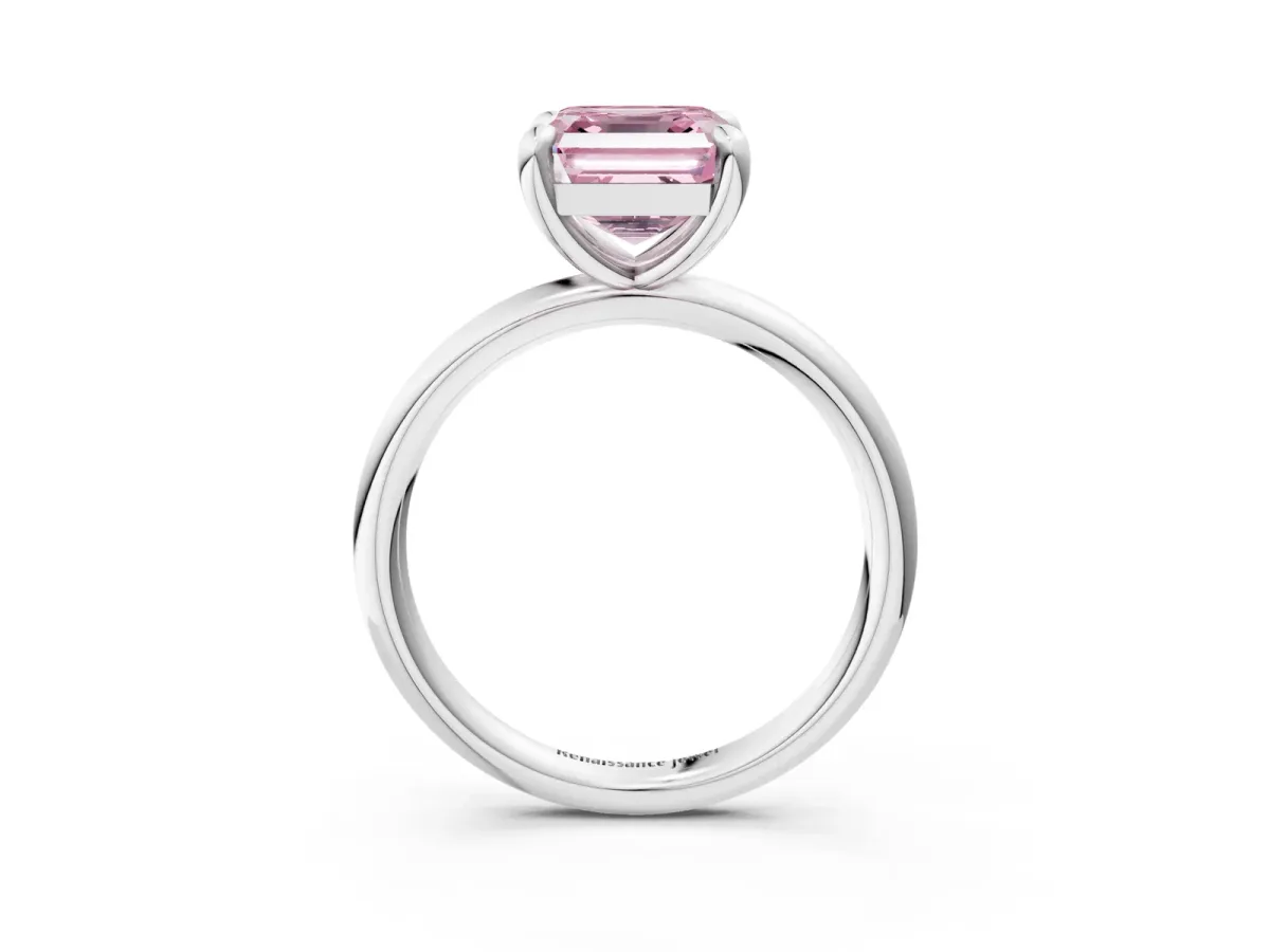 Fancy Pink Asscher Cut Solitaire Diamond Ring with Four-Prong Setting on a Plain Band Platinum