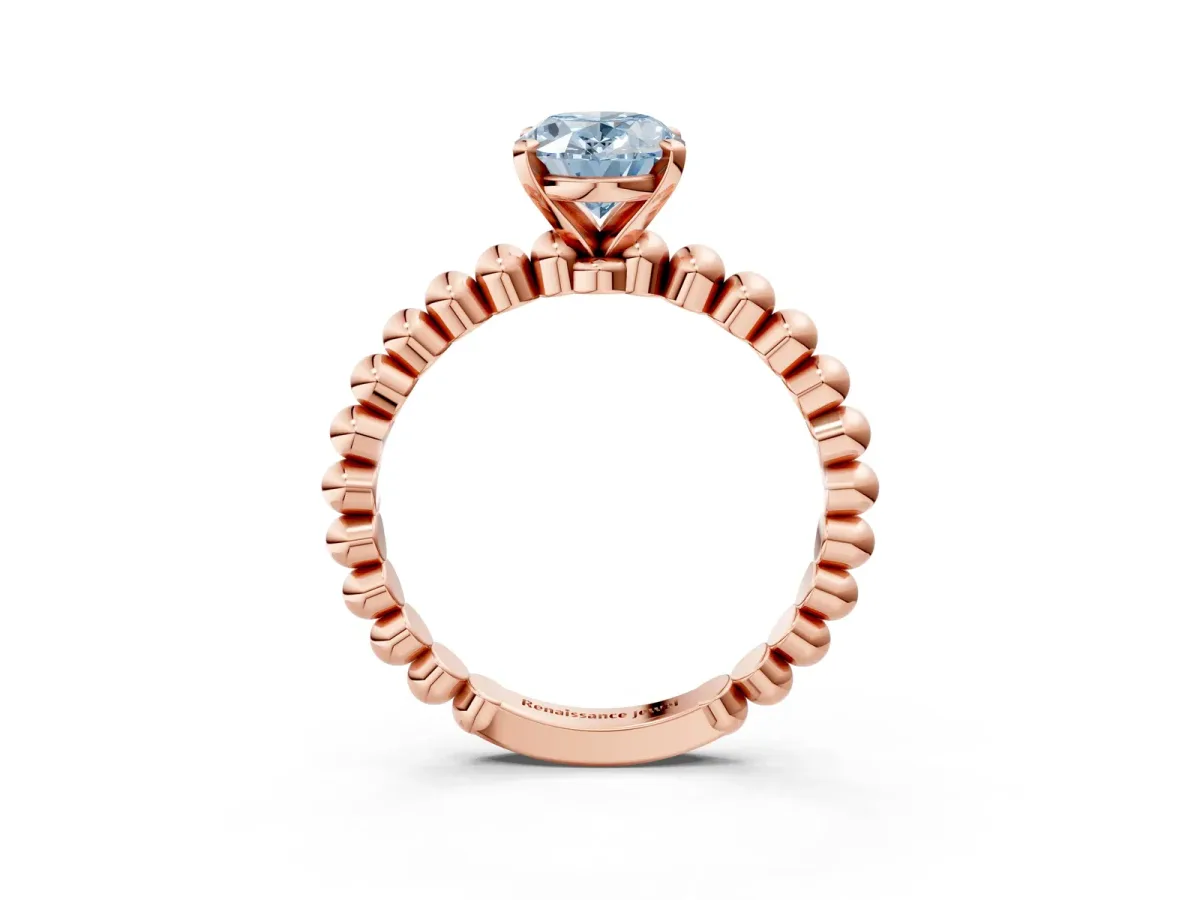 Fancy Blue Oval Cut Diamond Solitaire Ring with Beaded Band and Prong Setting Rose gold