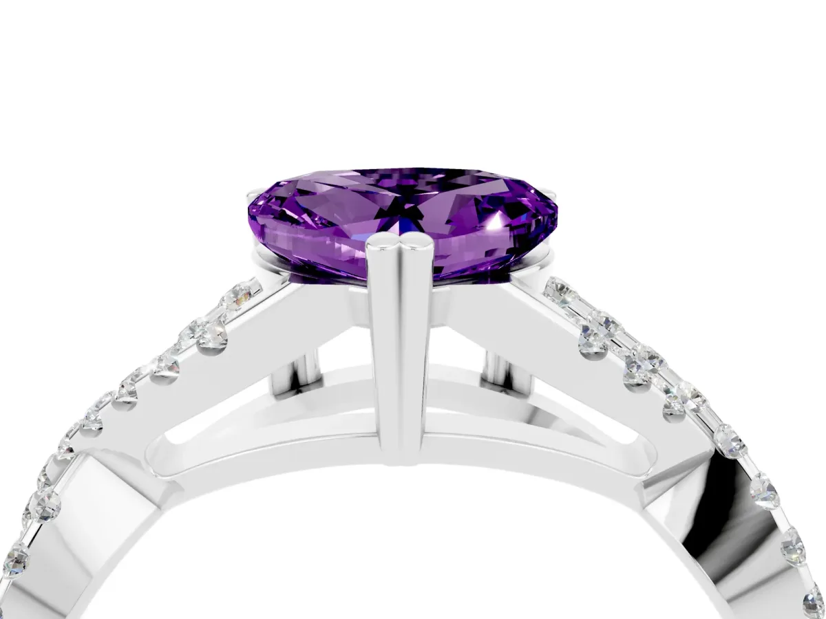 Heart Cut Amethyst Solitaire Ring with Four-Prong Setting and Twisted Pavé Band Silver