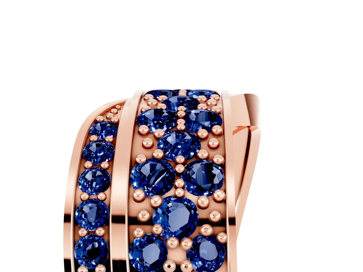 Pavé Round Blue Sapphire Crossover Band with Bead Prong Setting Rose gold
