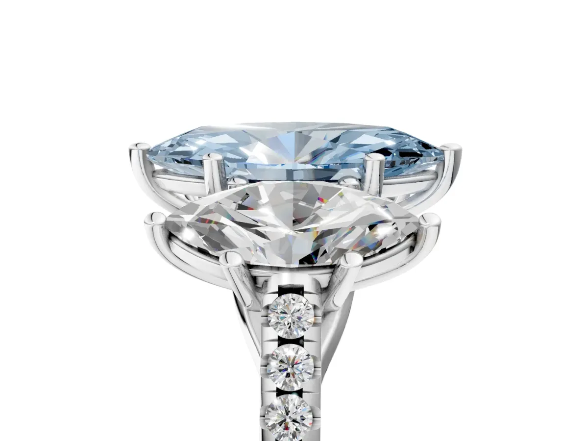 Fancy Blue Three-Stone Marquise Cut Diamond Ring with Round Pavé Band and Prong Setting Silver
