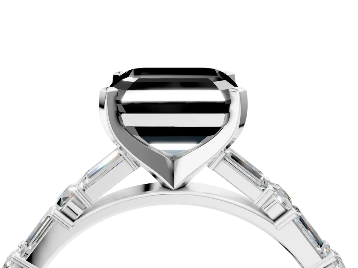 Fancy Black Asscher Cut Diamond Solitaire with Side Baguettes and Channel Set Band Silver