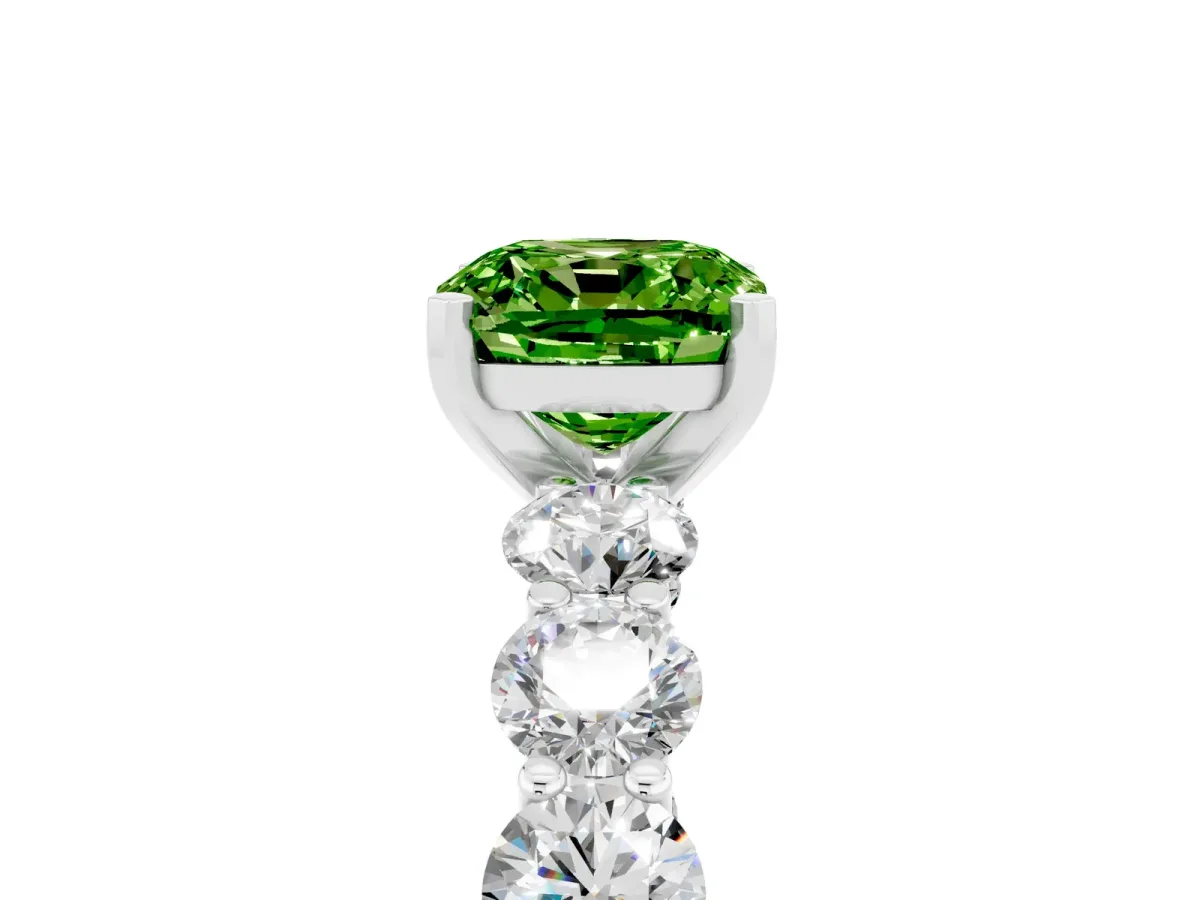 Cushion Cut Peridot Prong Setting with Side Stones on a Pave Band Silver