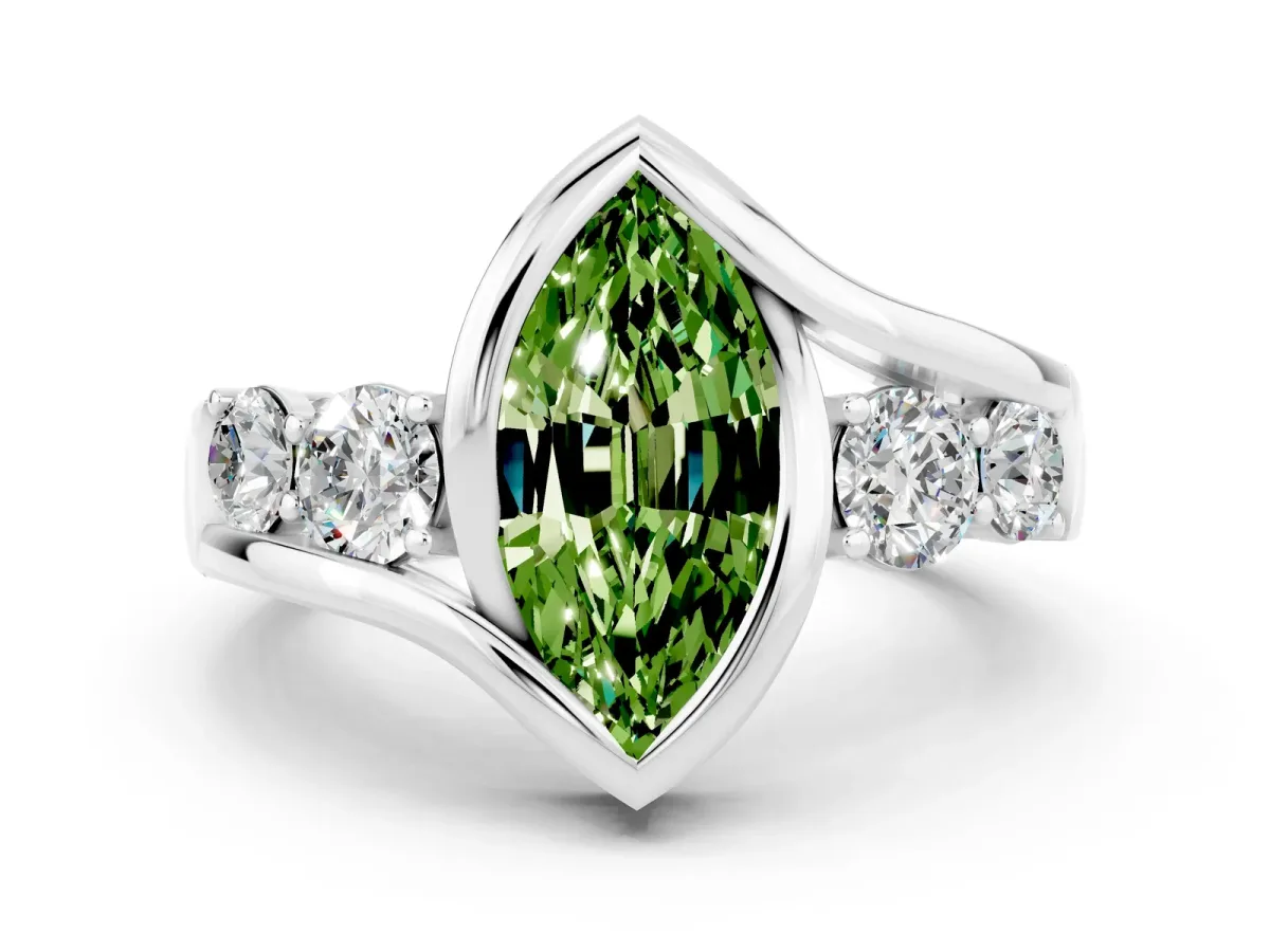 Bezel Set Marquise Cut Peridot Bypass Ring with Round Accents Platinum