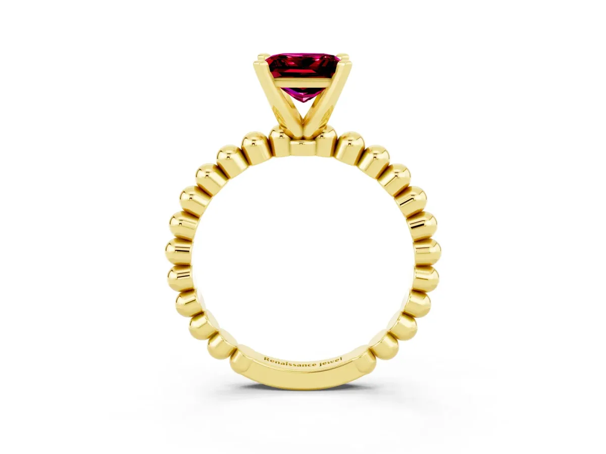Princess Cut Garnet Solitaire Ring with Beaded Band and Prong Setting Yellow gold