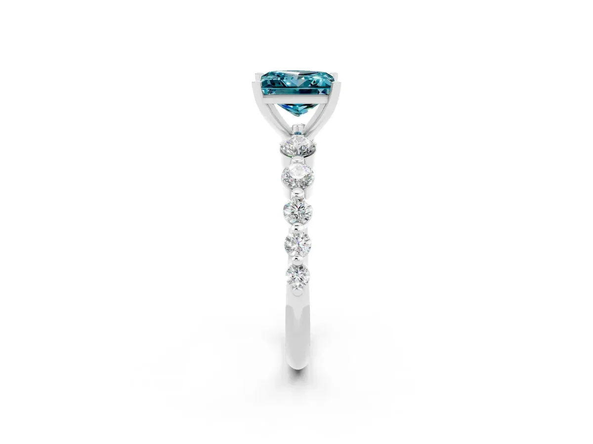 Princess Cut Solitaire Blue Topaz Ring with Pave Band and Four-Prong Setting Silver