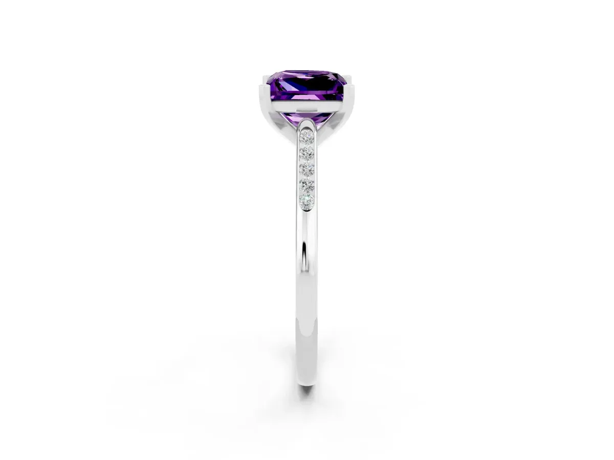 Princess Cut Amethyst Solitaire Ring with Channel Set Round Band and Prong Setting Silver