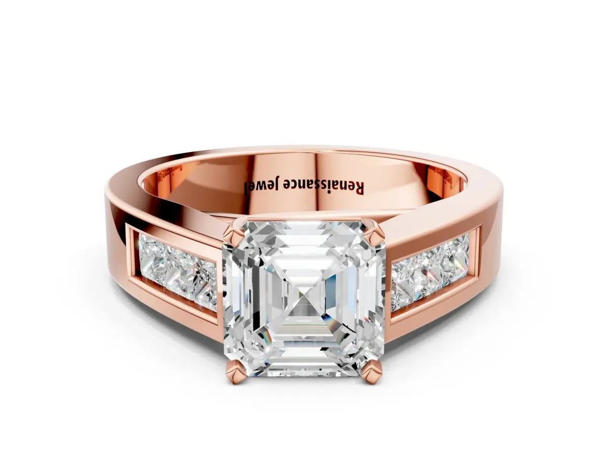 Asscher Cut Cut Channel Set Solitaire Ring with Four-Prong Setting Rose gold