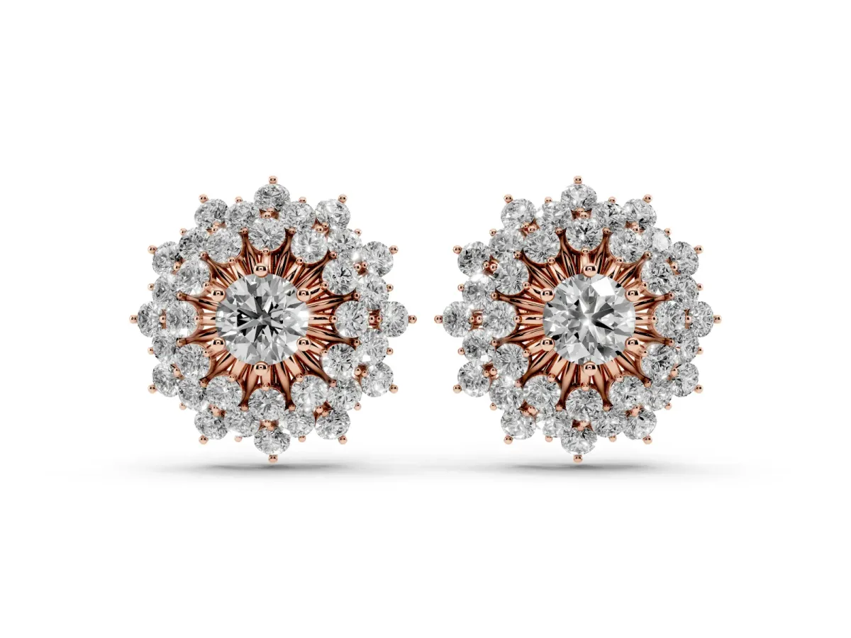 Round Diamond Sunburst Stud Earrings Rose gold