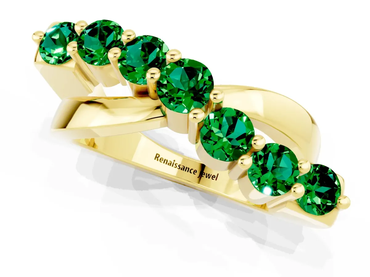 Round Emerald Prong-Set Crossover Band Yellow gold