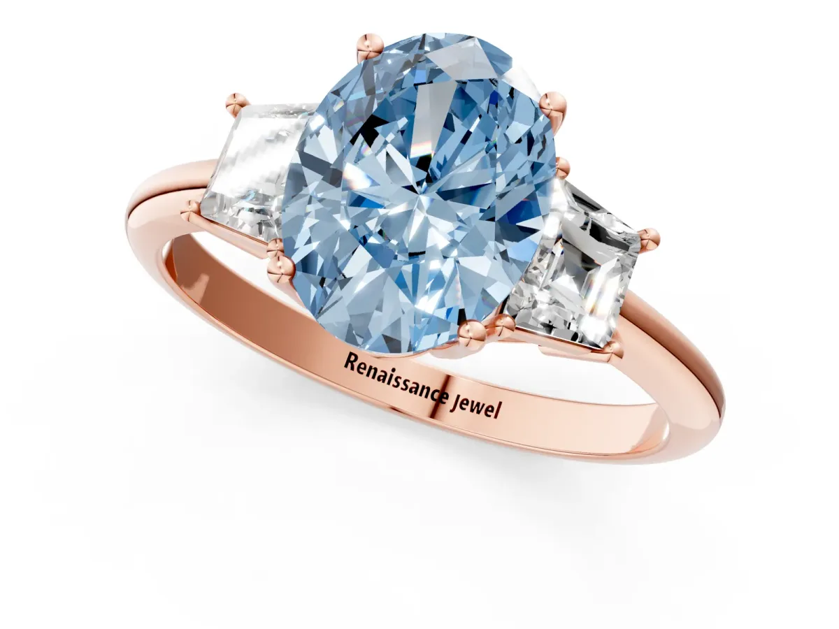 Fancy Blue Oval Cut Diamond Three-Stone Ring with Trapezoid Side Stones and Prong Setting Rose gold