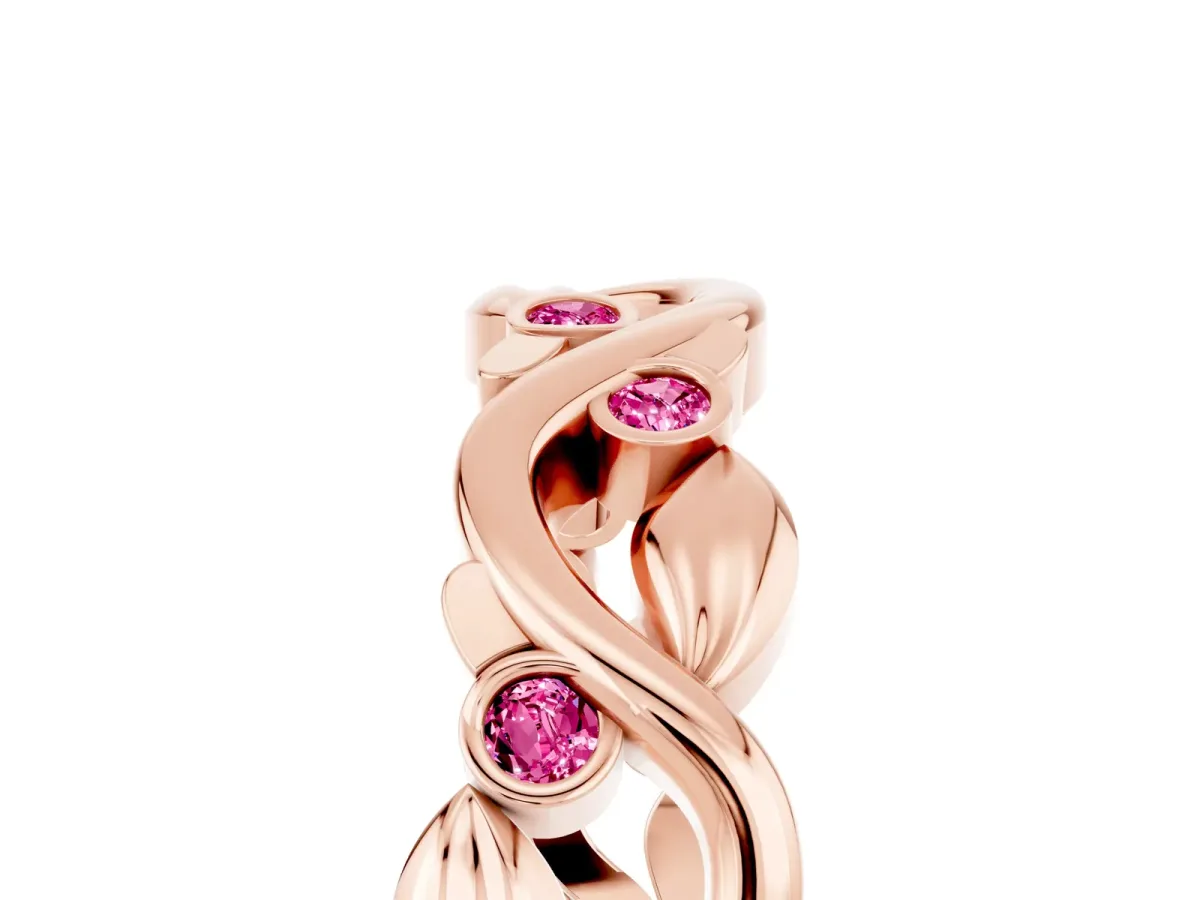 Round Pink Sapphire Leaf Eternity Band with Bezel Setting Rose gold