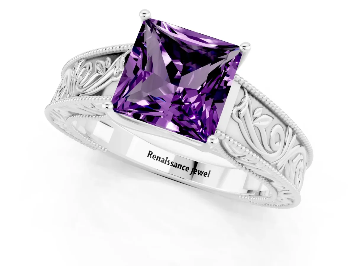 Princess Cut Amethyst Solitaire Ring with Engraved Band and Four-Prong Setting White gold