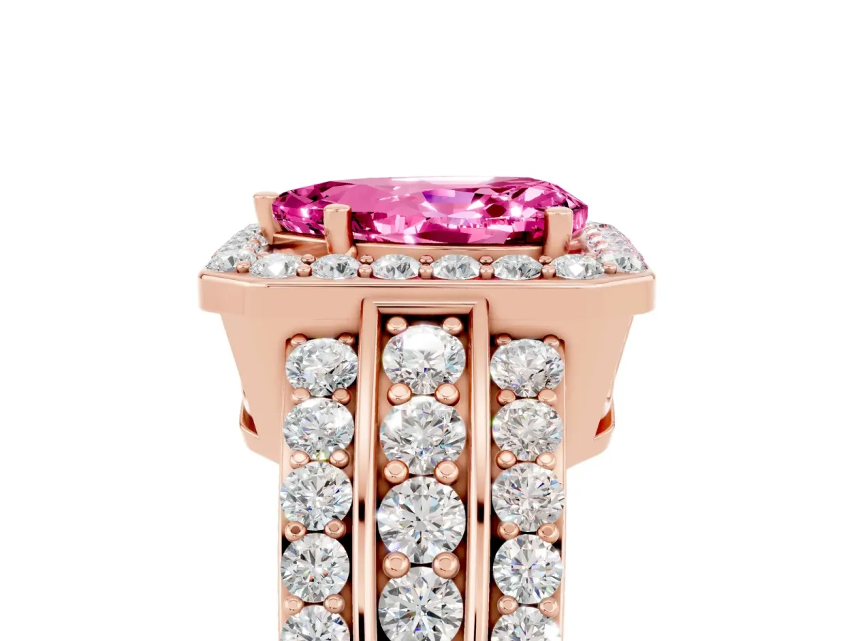 Pear Cut Halo Pink Sapphire Ring with Round Split Shank and Prong Setting Rose gold