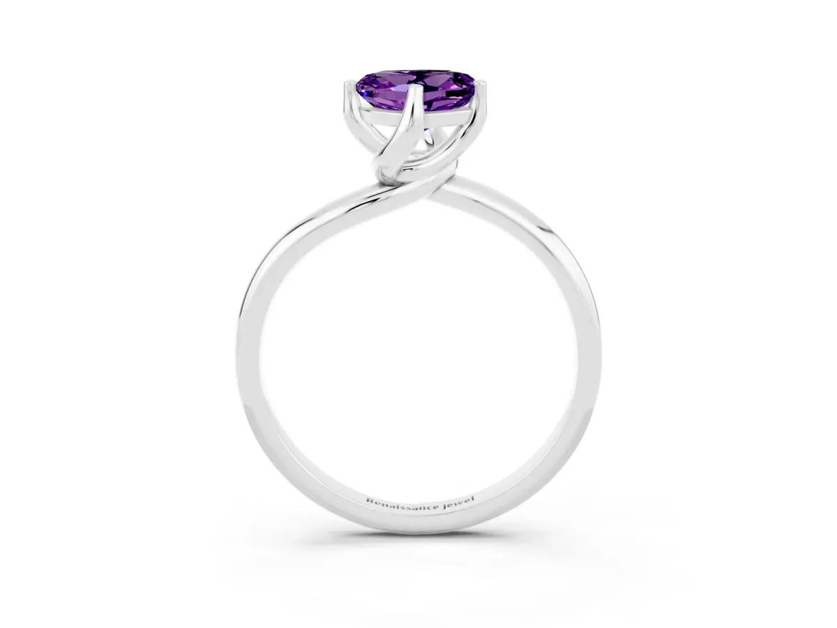 Heart Cut Amethyst Solitaire Engagement Ring with Four-Prong Setting and Classic Band Silver