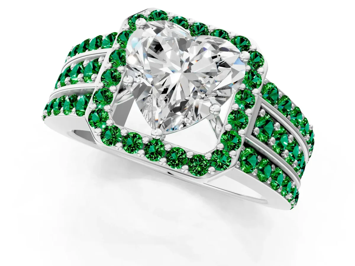 Heart Cut Halo Diamond Ring with Round Emerald Split Shank and Prong Setting Silver