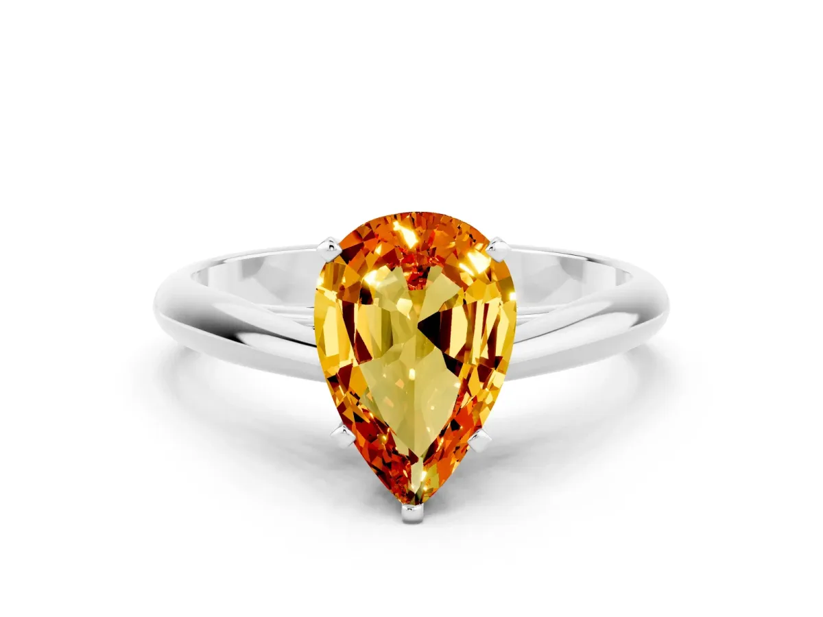 Pear Cut Citrine Solitaire Engagement Ring with Cathedral Setting and Four-Prong Mount White gold