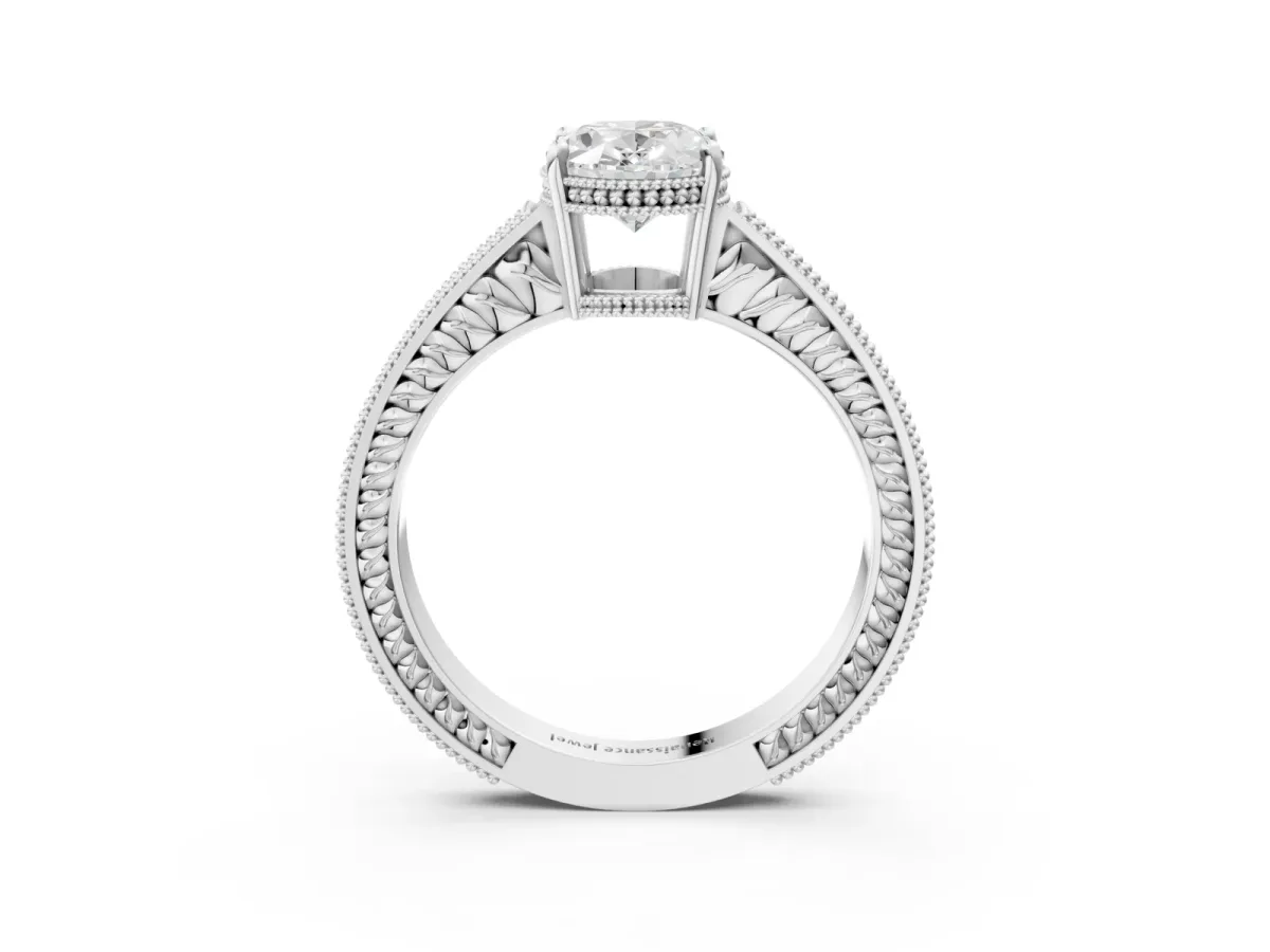 Oval Cut Diamond Engagement Ring with Milgrain Channel Set Band and Prong Setting Platinum