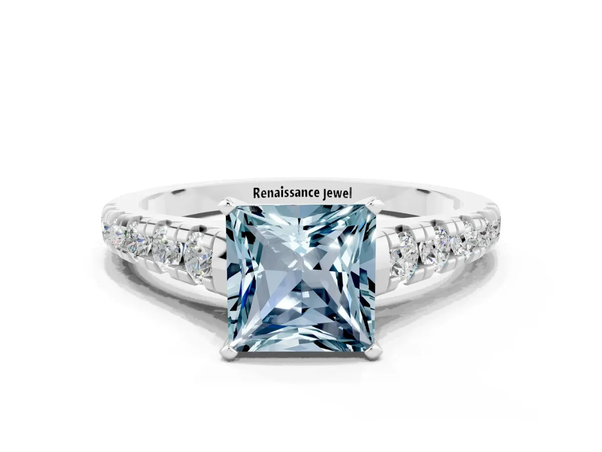 Princess Cut Aquamarine Cathedral Solitaire Ring with Round Pavé Band Silver